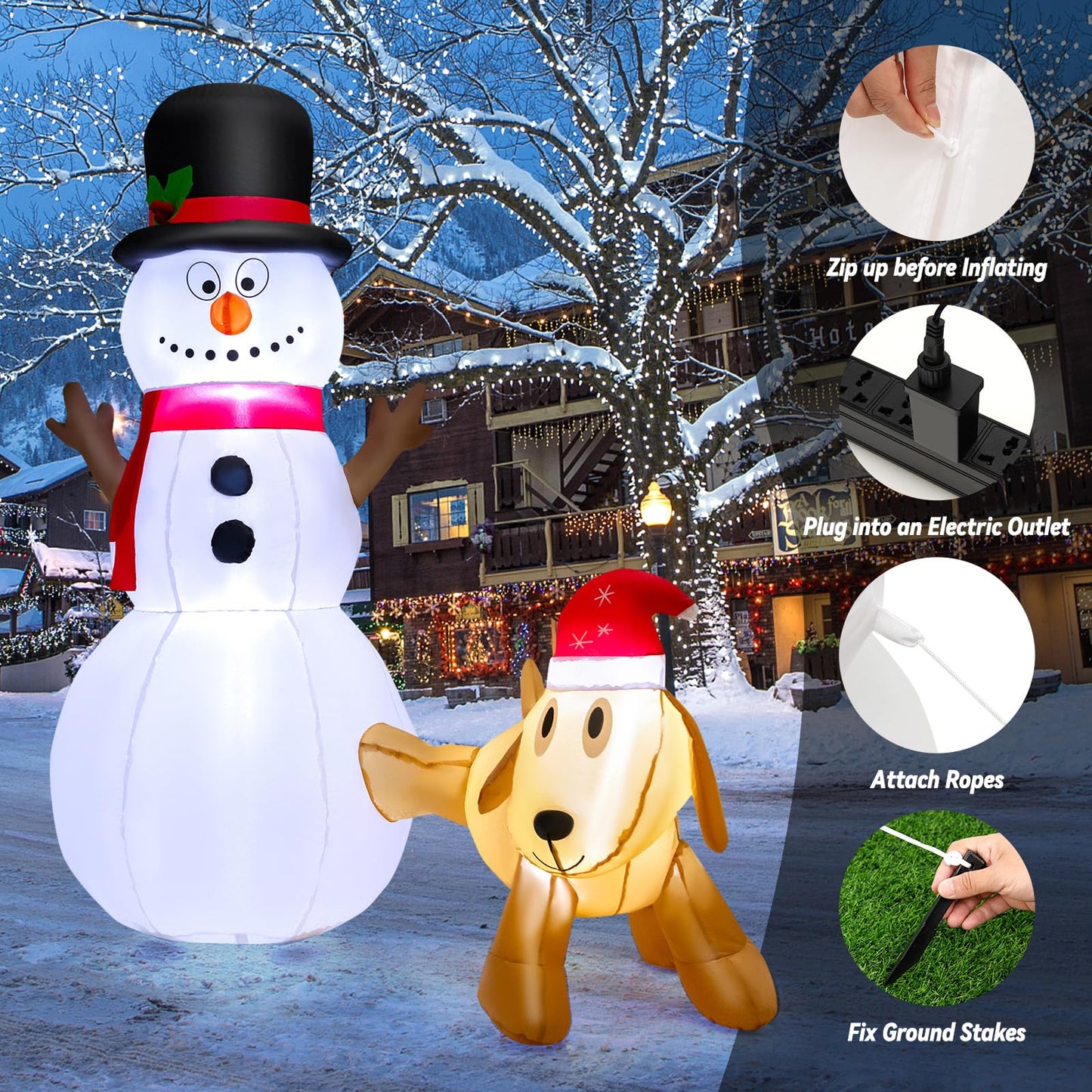 180 cm Tall Inflatable Snowman and Dog Set with Built-in LED Lights