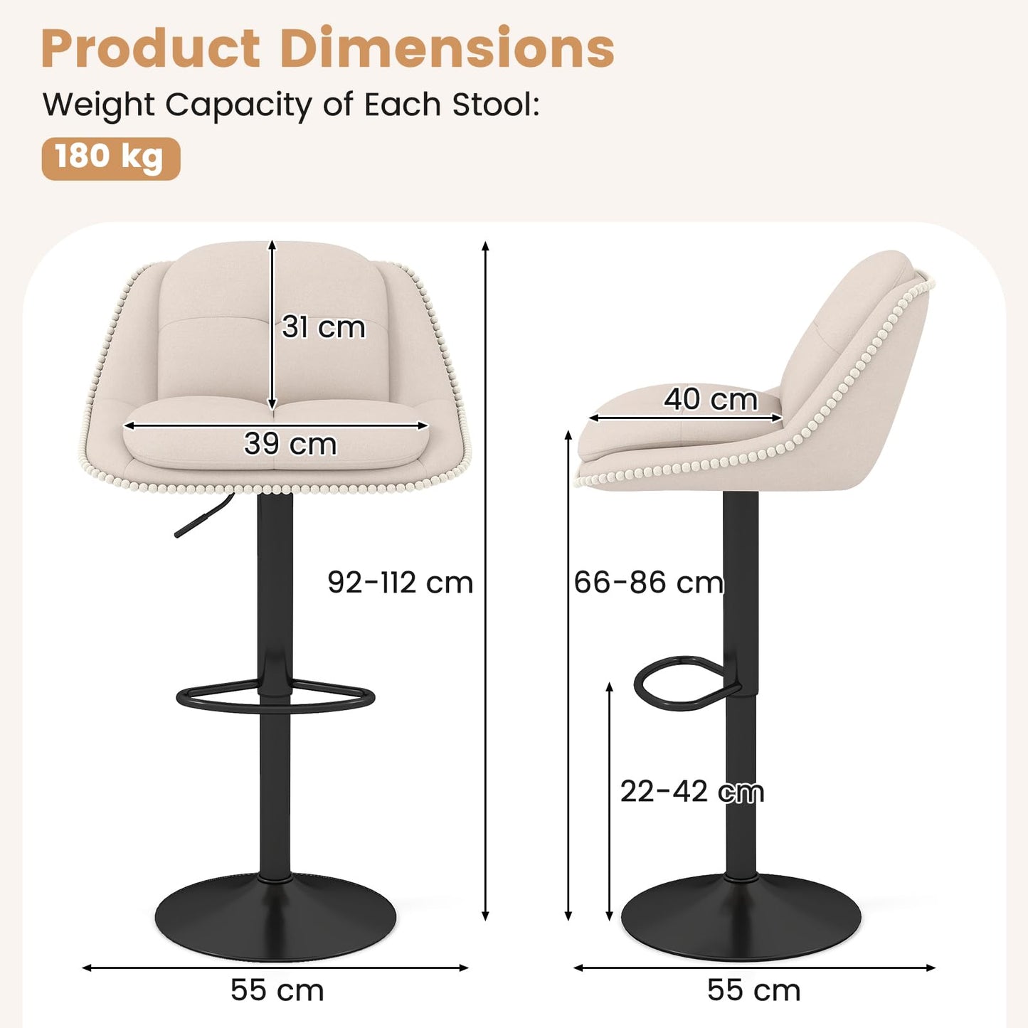 Bar Stools Set of 2 Modern Adjustable Chenille Upholstered Barstools