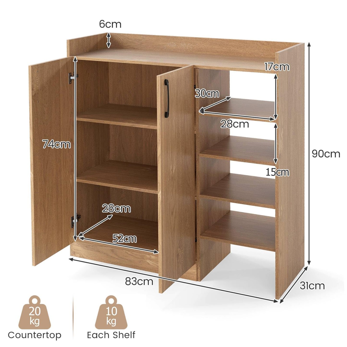 Shoe Storage Organizer with 2 Adjustable Inner Shelves and 4 Open Shelves