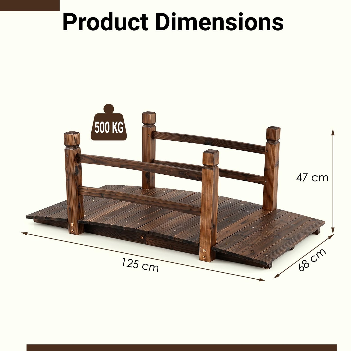 1.25M Wooden Garden Bridge, Decorative Pond Bridges with Safety Railings
