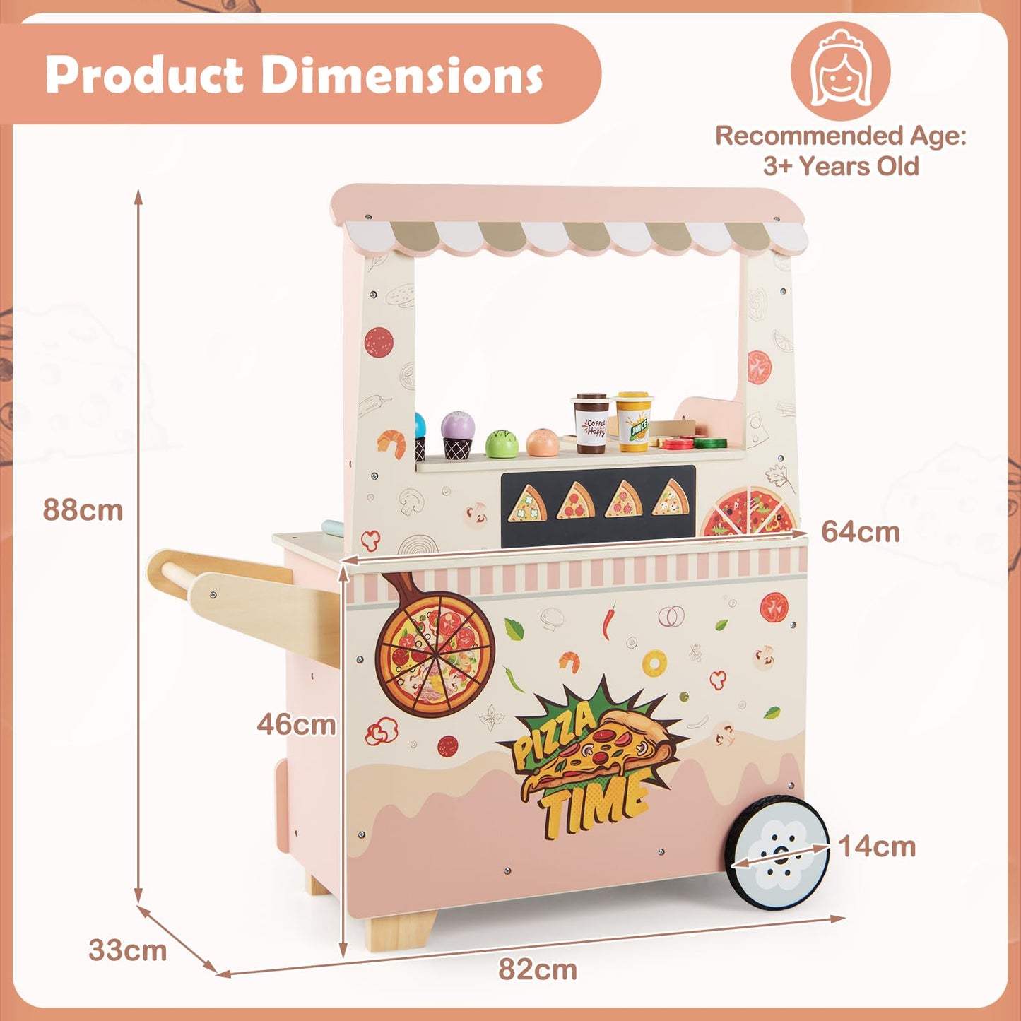 Kids Pizza Food Truck Wooden Pretend Play Snack Cart with Oven