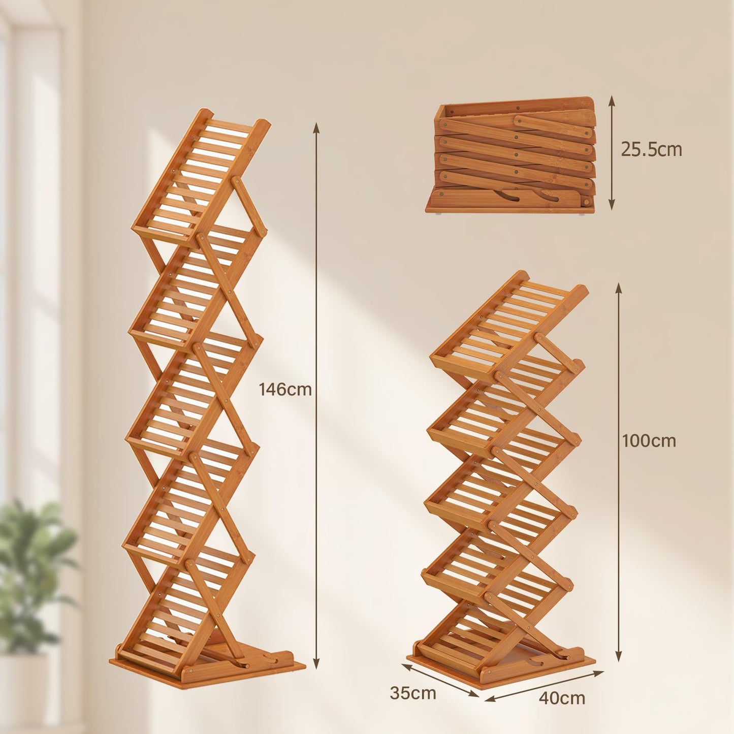 5 Tier Foldable Bamboo Magazine Rack with 2 Adjustable Positions