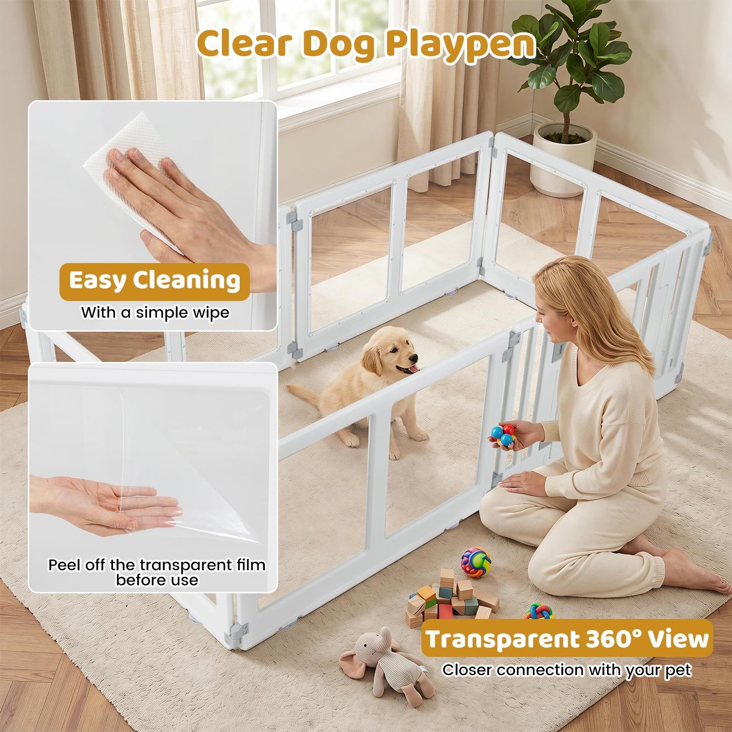 Dog Playpen, 6 Panels Plastic Pet Fence with Lockable Door