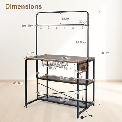 Kitchen Island with Power Outlet, Metal Coffee Bar Table with3 Open Shelves, 6 Hooks & Pull-out Basket, Industrial Bakers Rack Stationary Storage Island for Dining Room,