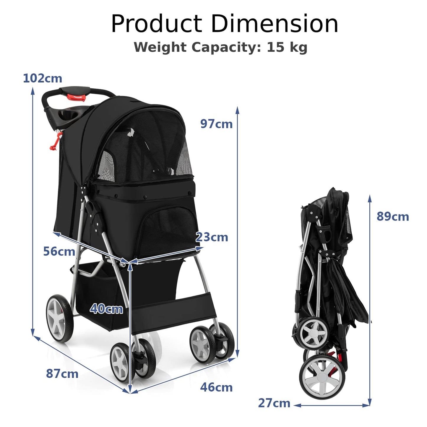 4-Wheel Folding Pet Stroller with Storage Basket and Adjustable Canopy