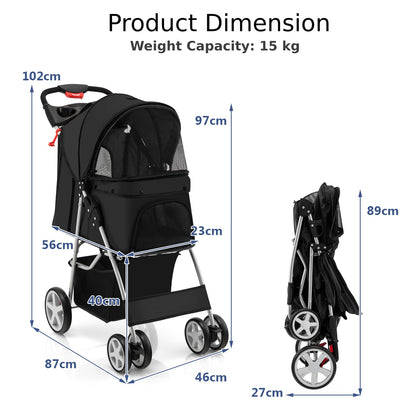4-Wheel Folding Pet Stroller with Storage Basket and Adjustable Canopy