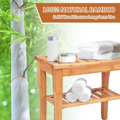 2-Tier Slatted Spa Bath Stool Shower Seat with Storage Shelf and Non-Slip Feet