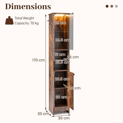 Tall Bathroom Cabinet with Lights Remote Control Open Shelves and Adjustable Shelves