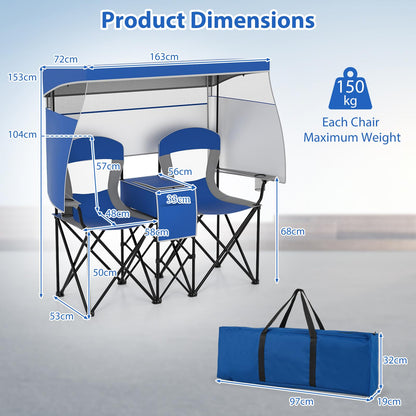 Outdoor Portable Double Folding Camping Chair with Roll-up Shade
