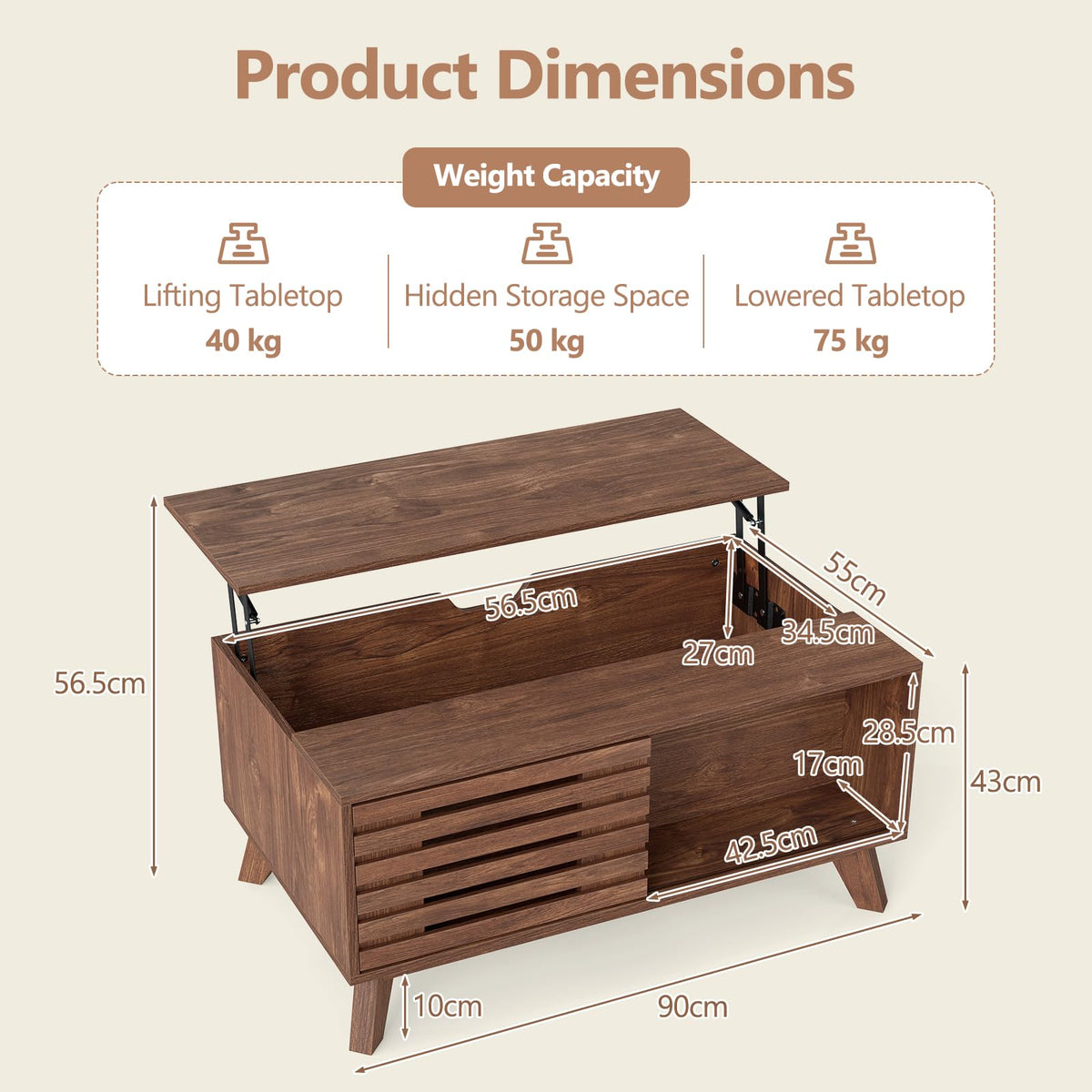 Lift Top Coffee Table with Hidden Compartment for Living Room