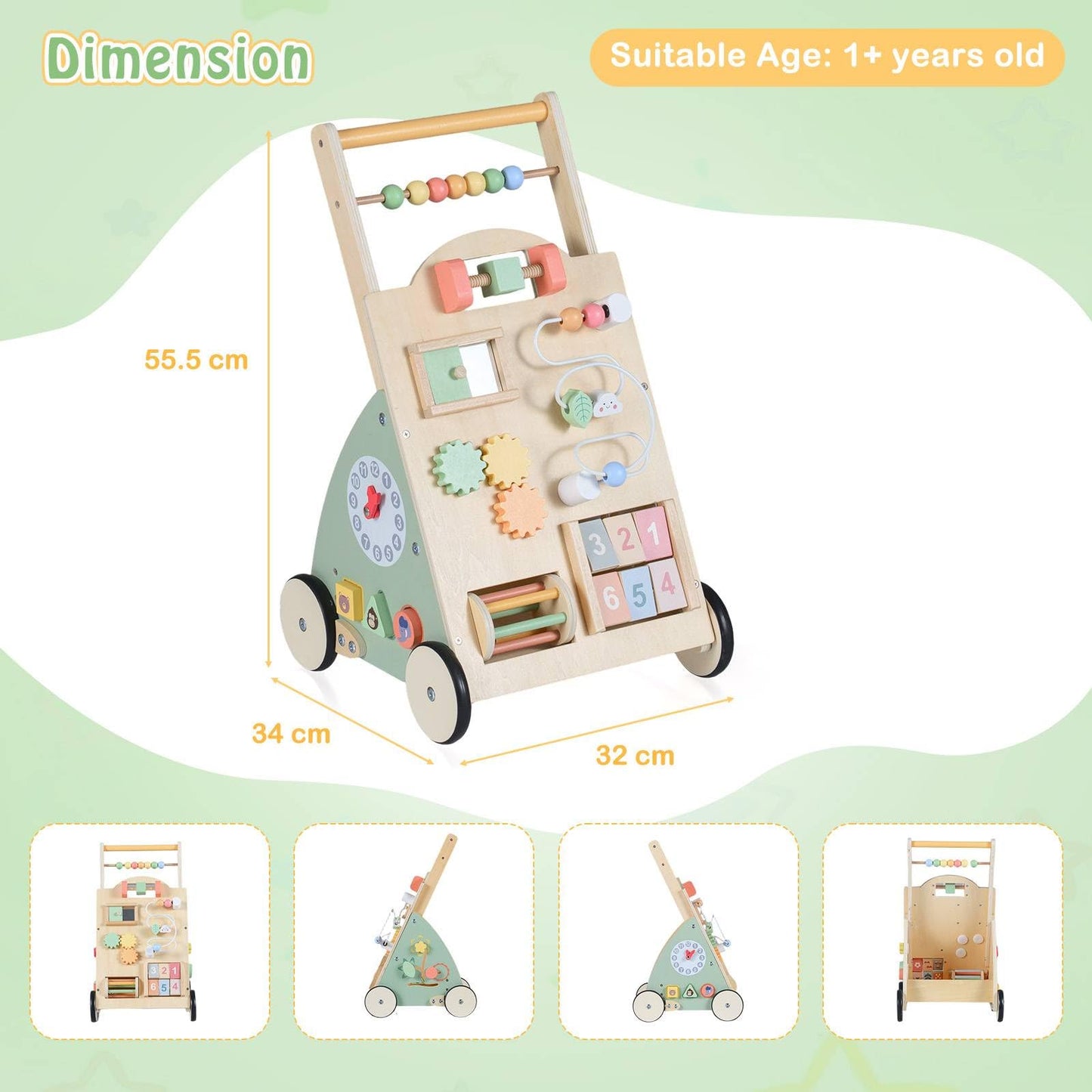 Wooden Baby Walker, 10 in 1 Toddler Push Along Toy with Activity Center
