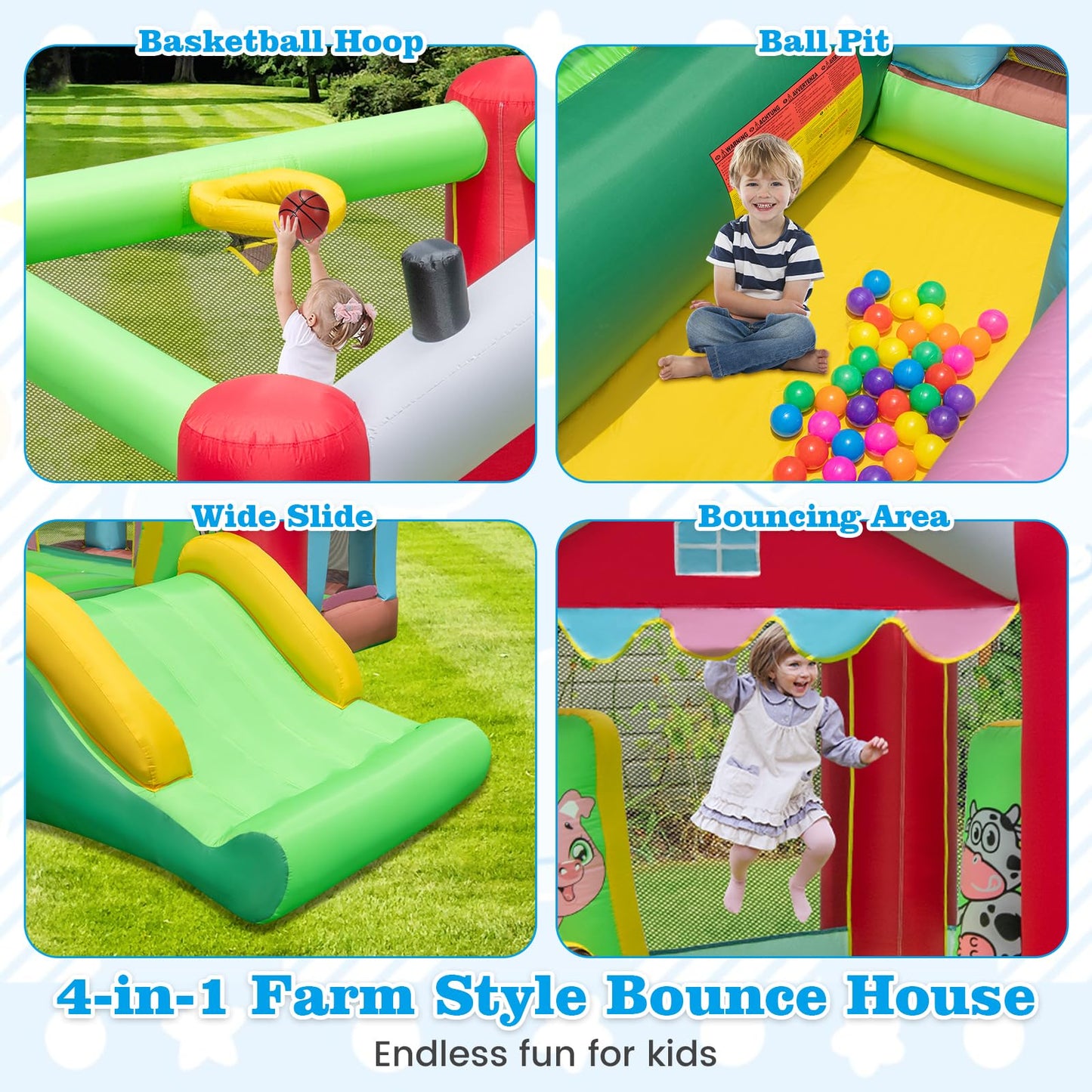 4-in-1 Farm Themed Inflatable Bounce House with 480W Blower