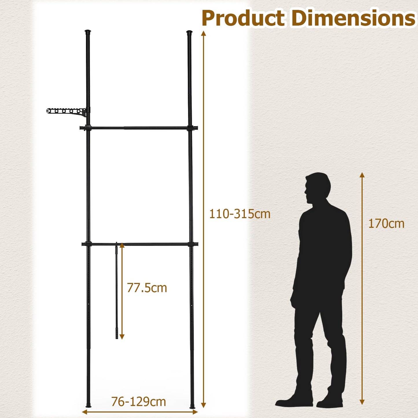 Adjustable Floor to Ceiling Clothes Rack with Double Rods & Folding Drying Rack for Laundry