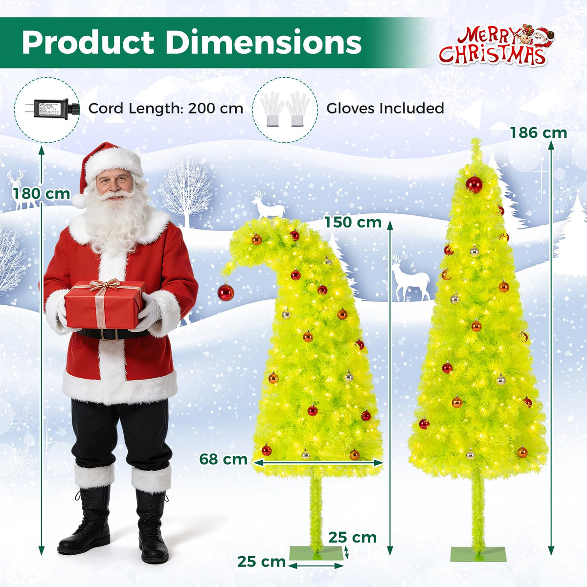 Pre-Lit Christmas Tree, Slim Artificial Xmas Tree with Curved Top Neon Chartreuse PVC Foliage, Warm White LEDs, 8 Light Modes, Pre-Decorated with Baubles, Metal Base for Indoor Use Visit the TANGZ