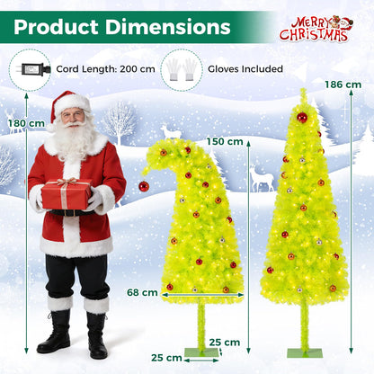 Pre-Lit Christmas Tree, Slim Artificial Xmas Tree with Curved Top Neon Chartreuse PVC Foliage, Warm White LEDs, 8 Light Modes, Pre-Decorated with Baubles, Metal Base for Indoor Use Visit the TANGZ