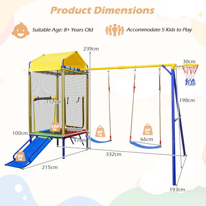 5-in-1 Kids Swing Set, Heavy-duty Metal Swing Stand with Trampoline, Roof