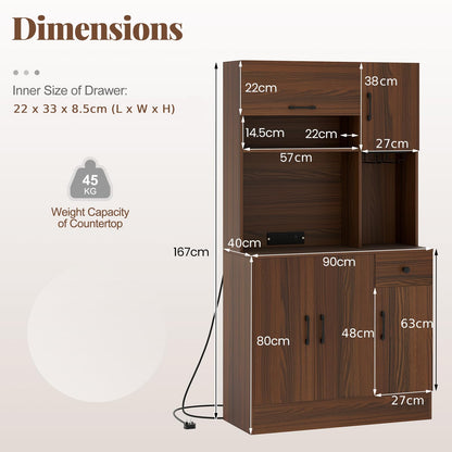 167cm Tall Pantry Cabinet with Hutch and Power Outlets