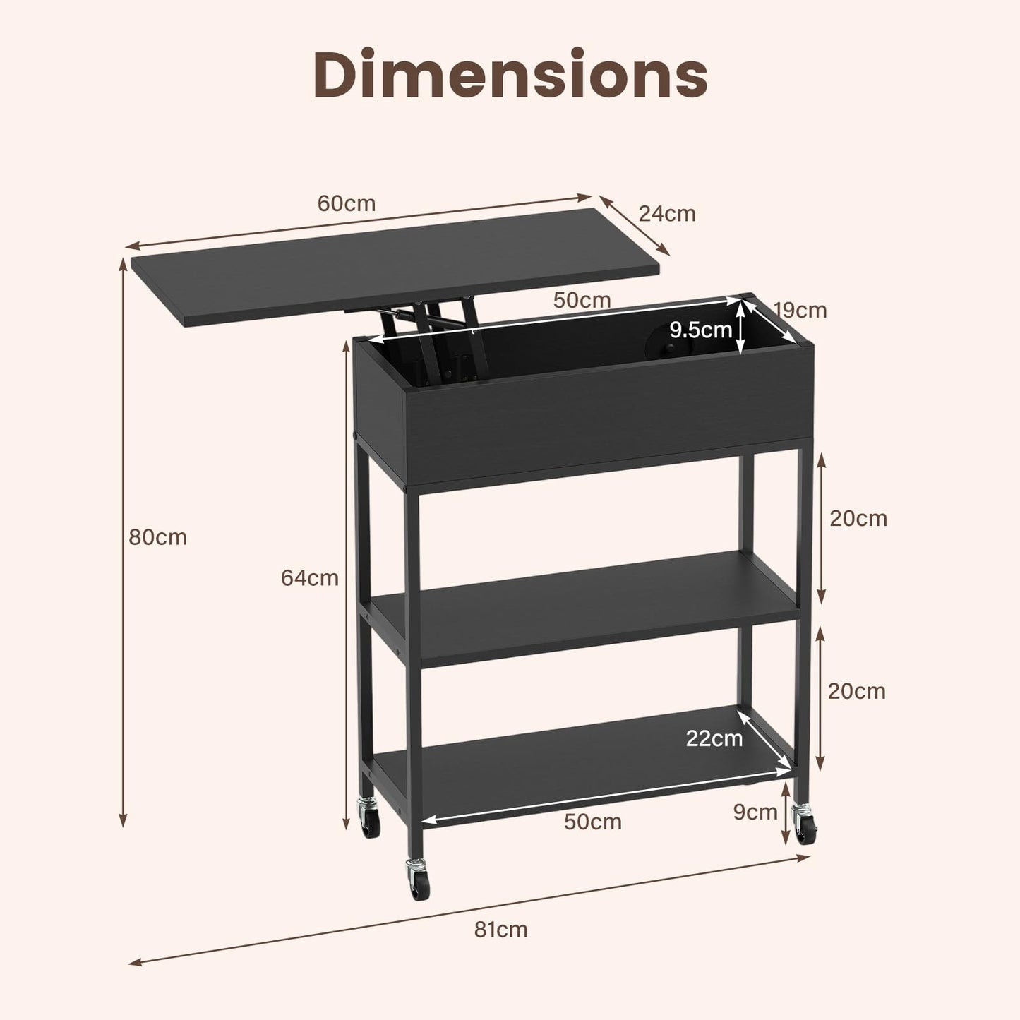 Rolling Lift Top End Table with Charging Station & Hidden Compartment for Living Room