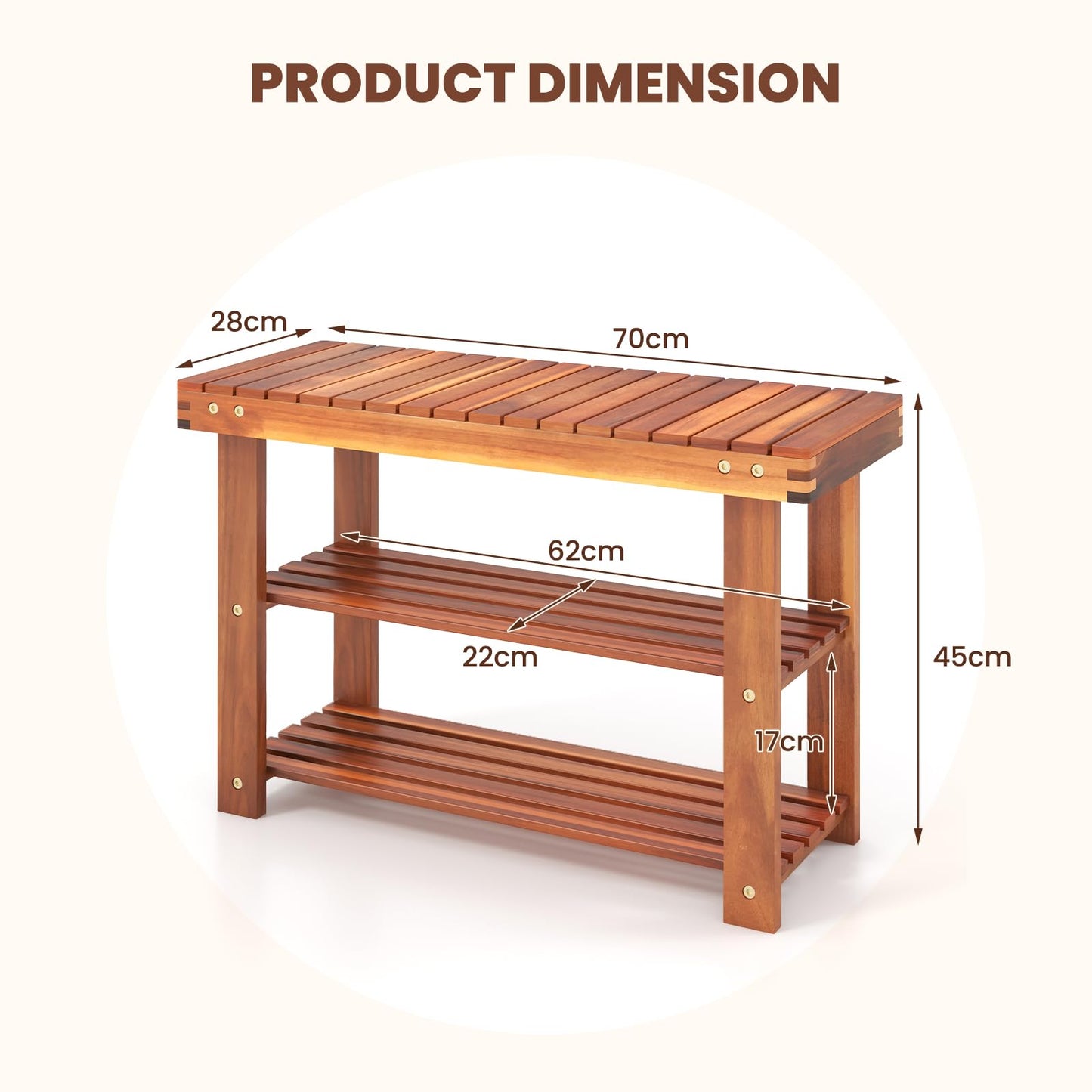 70 x 28 x 45cm Acacia Wood Shoe Shelf Stand Seat