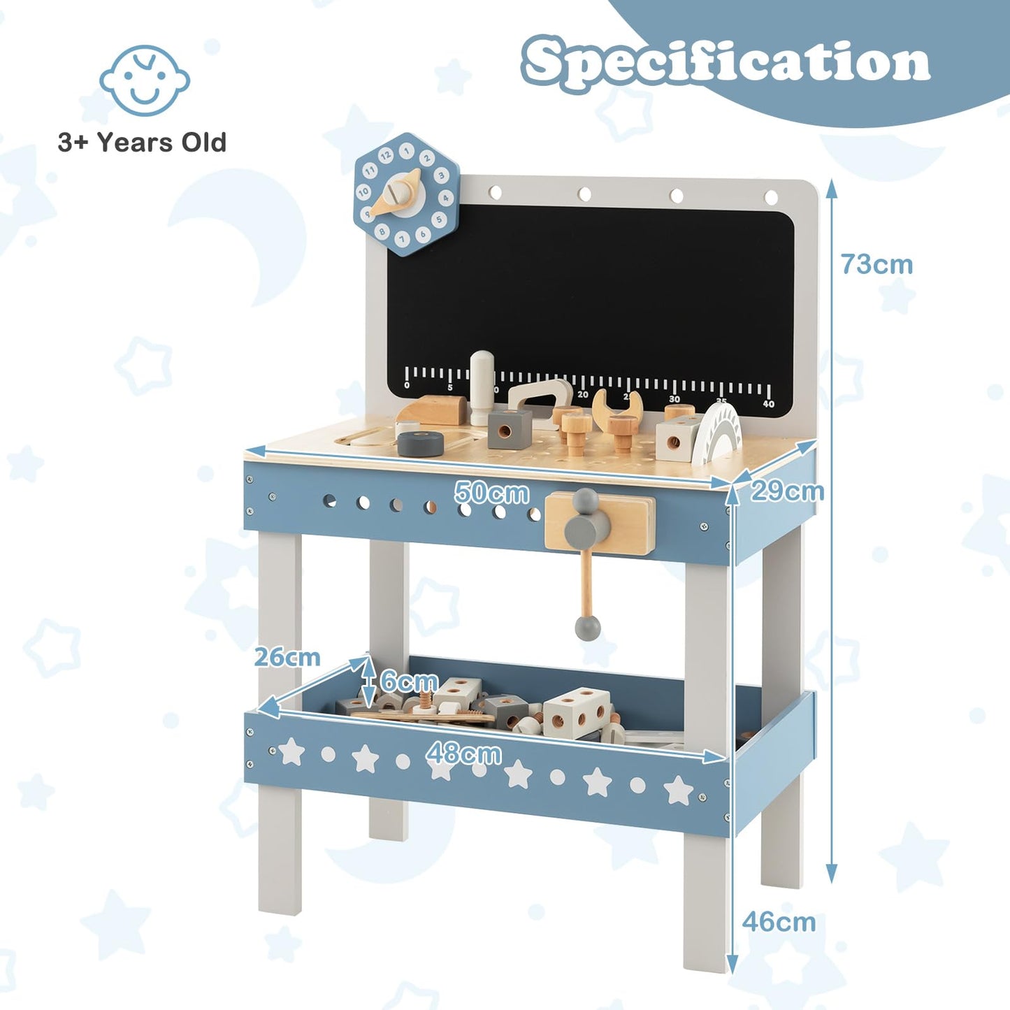 Kids Wooden Play Workbench with Blackboard and Tool Parts Set