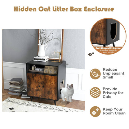 Hidden Cat Litter Box Enclosure, Wooden Kitty House End Table with Open Shelf