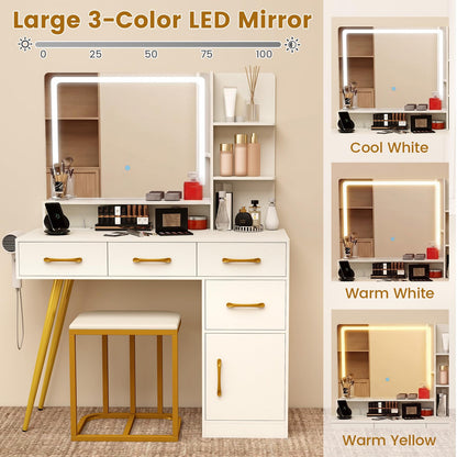 Dressing Table with LED Mirror and Stool, Makeup Table Vanity Desk Set