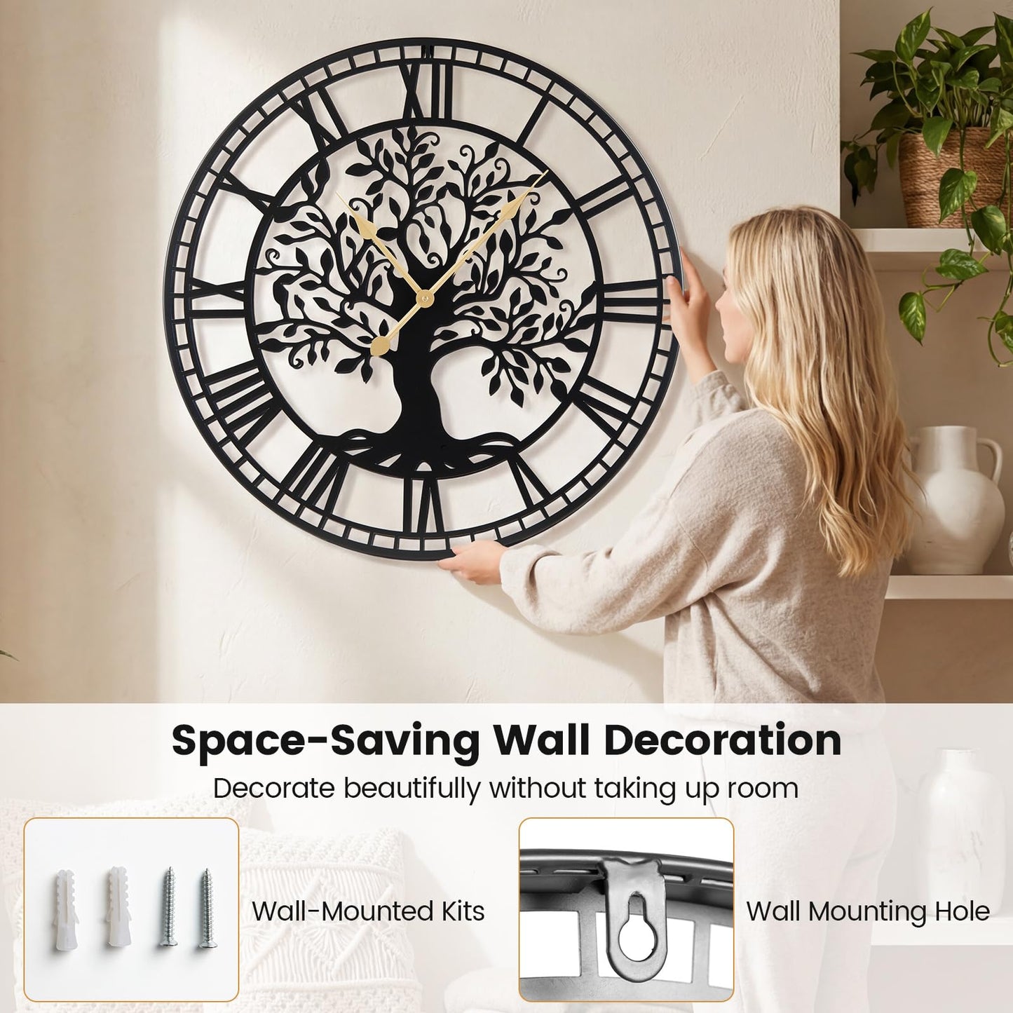 Large Wall Clock, 27”/68cm Metal Non-Ticking Decorative Clock