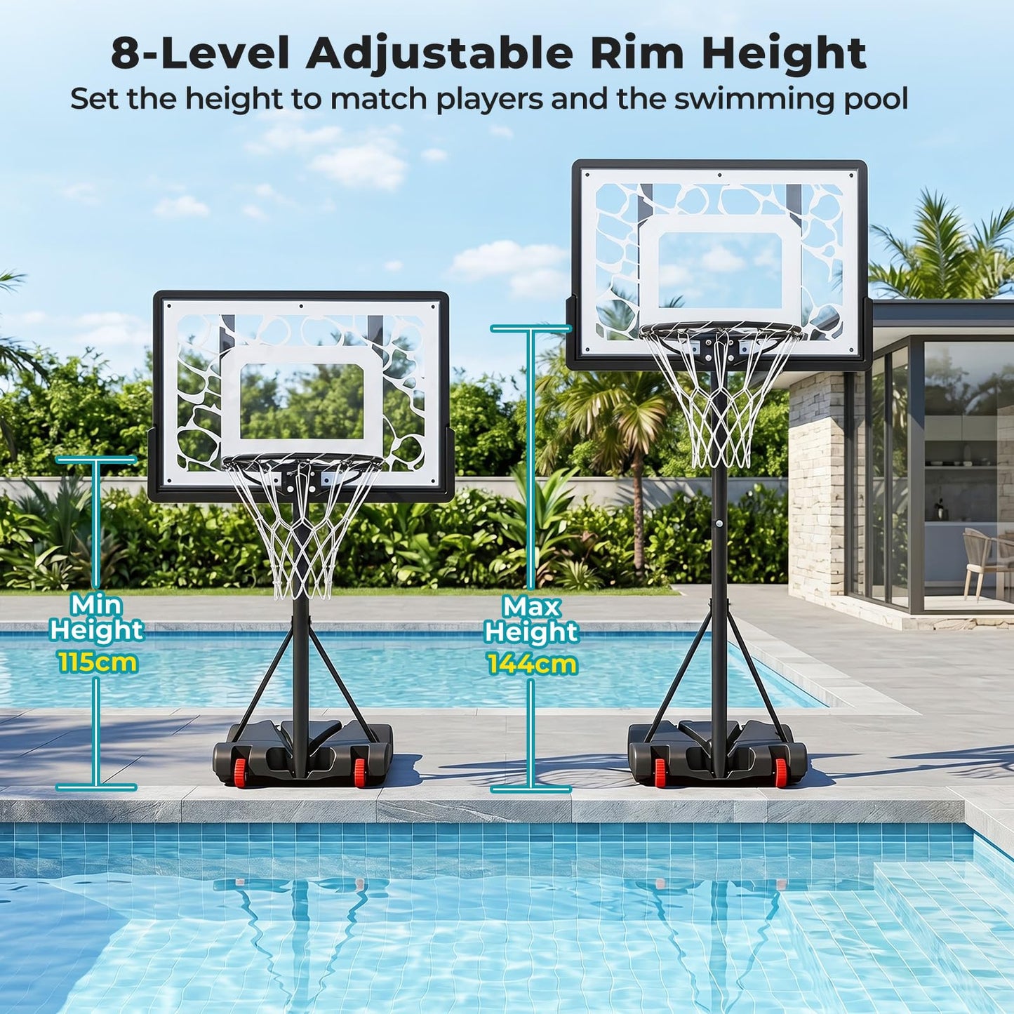 Pool Basketball Hoop with LED 8-Height Adjustable Swimming Pool Basketball