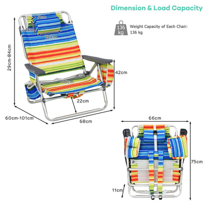 2 Pack Folding Backpack Beach Chair, 5 Adjustable Position Camping Chair
