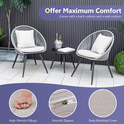 String Patio Bistro Set with 2 Chairs and Glass Coffee Table