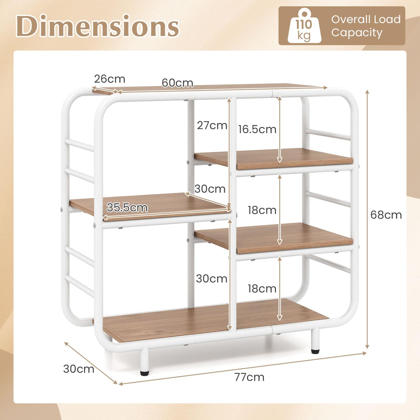 5-Tier Bookshelf, Metal Frame Open Book Shelf, Natural