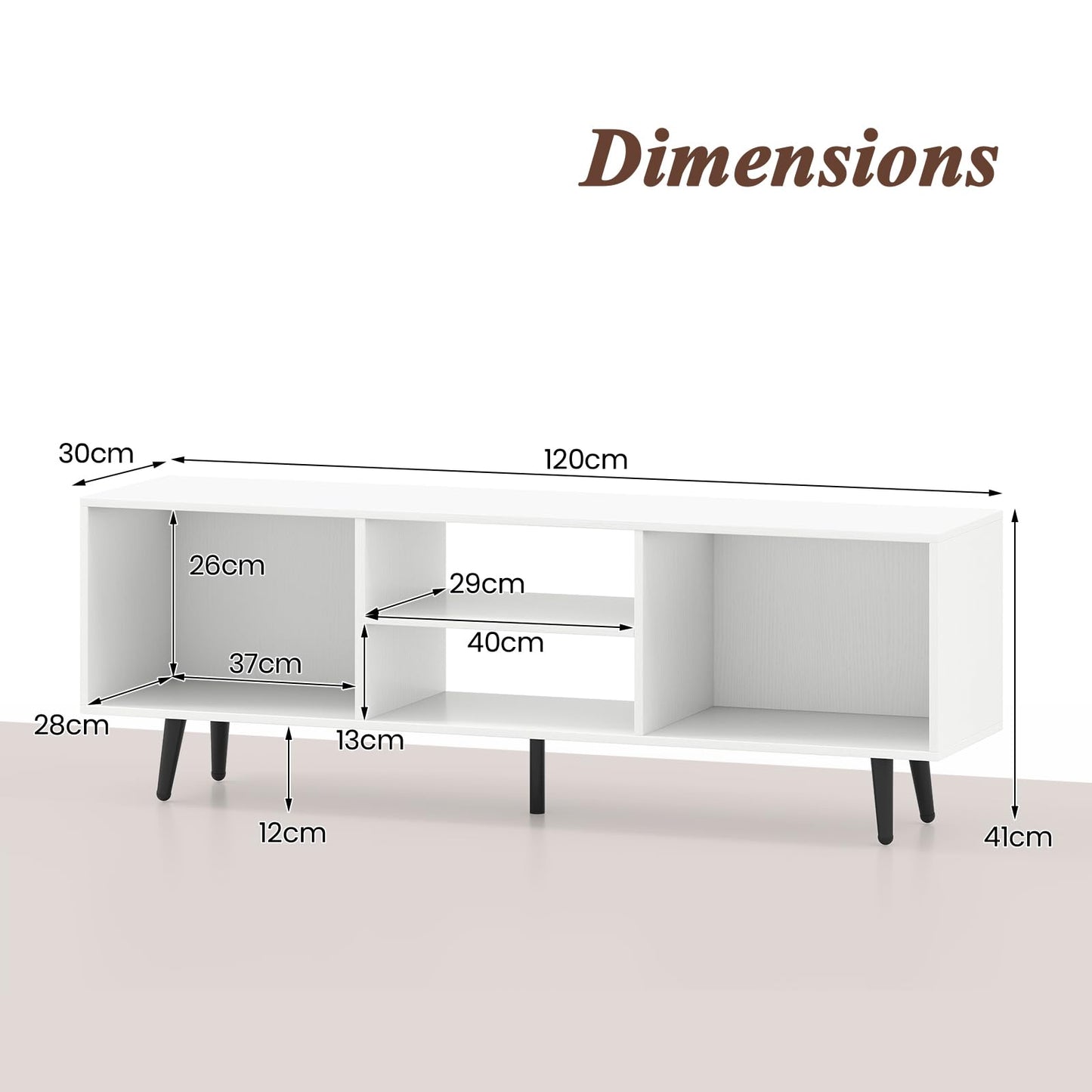 120cm Mid Century Modern TV Stand with Shelves and 5 Metal Legs