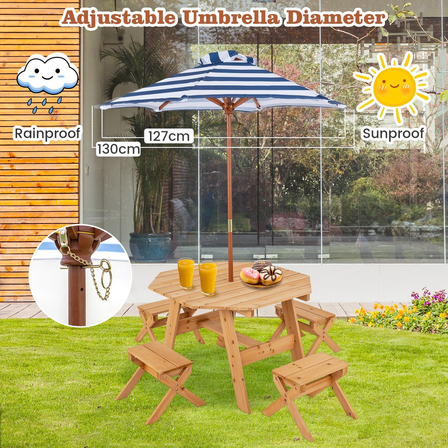 Wooden Kids Picnic Table and Benches Set with Foldable Parasol
