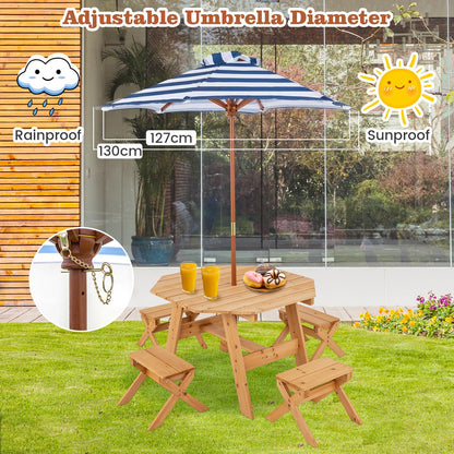 Wooden Kids Picnic Table and Benches Set with Foldable Parasol