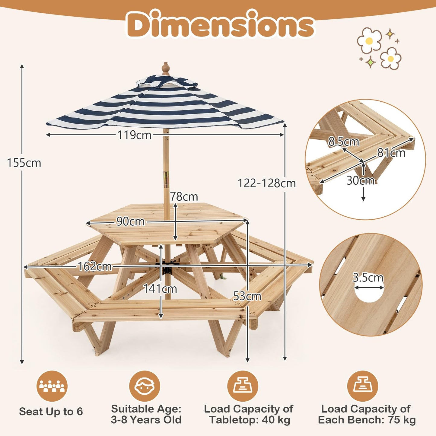 6 Seat Kids Picnic Bench Set with Removable Adjustable Umbrella