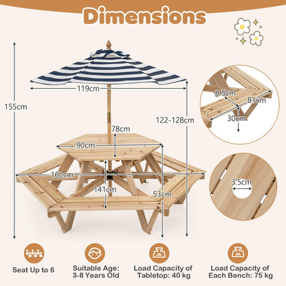 6 Seat Kids Picnic Bench Set with Removable Adjustable Umbrella