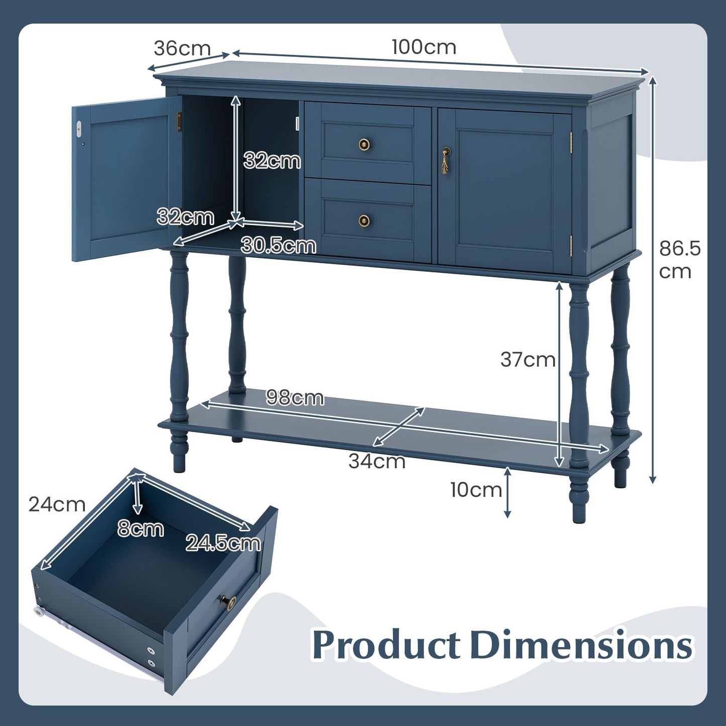 Vintage Console Table with 2 Drawers, 2 Door Cabinets