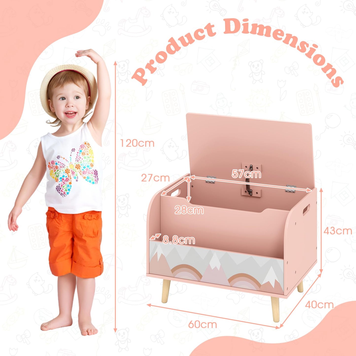 Wooden Toy Box, Kids Storage Chest with Flip-top Lid, Front Bookshelf