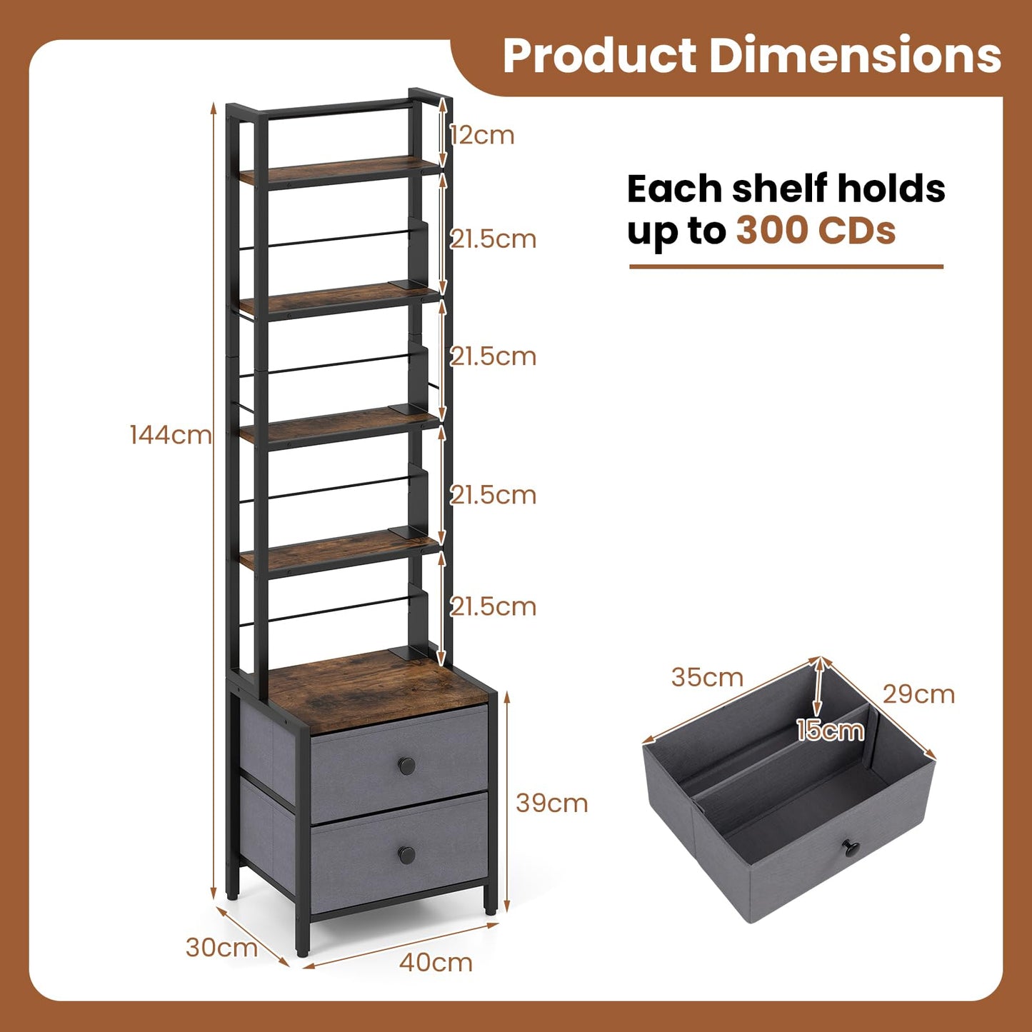 CD Storage Rack with Drawers, 5-Tier DVD Shelf Unit Vinyl Holder