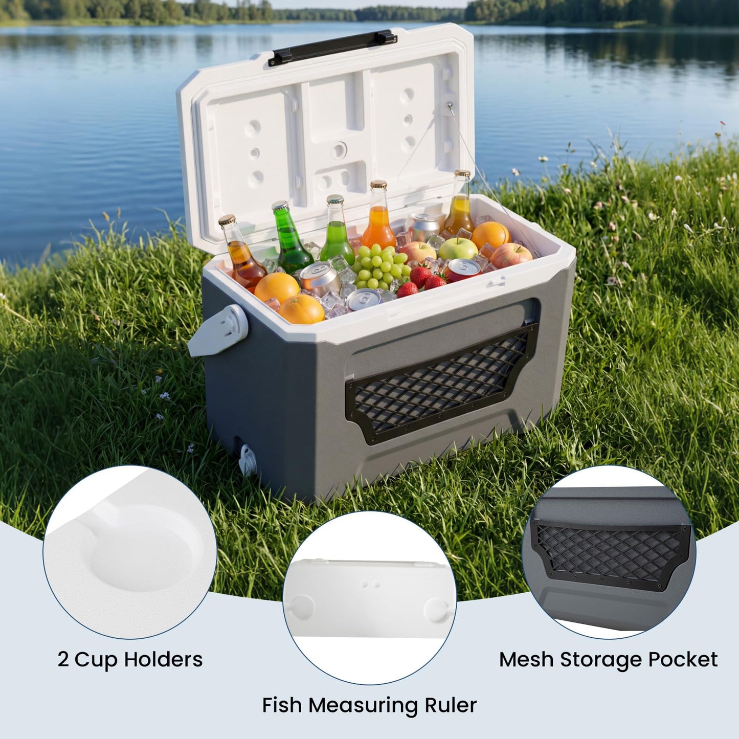 Insulated Cool Box, Ice Chest Box | Cup Holders, Drain Plug & Mesh Storage Pocket