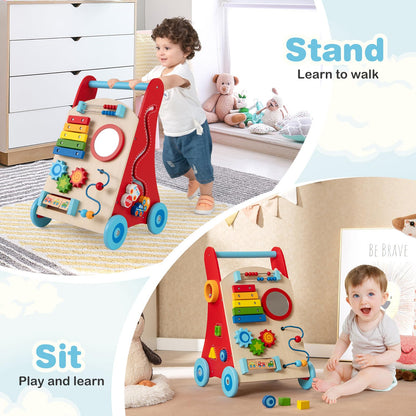Wooden Baby Walker Learning Activity Walker with Mirror and Wheels