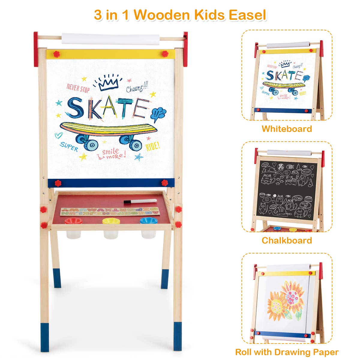3 in 1 Wooden Kids Art Easel with Paper Roller
