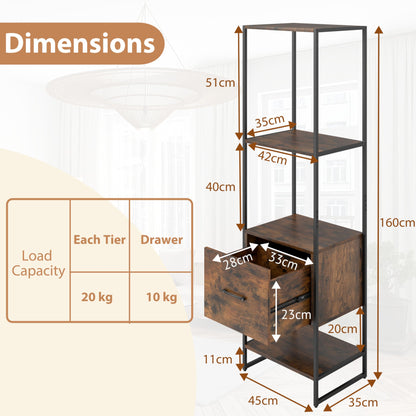 5-Tier Tall Narrow Bookcase Bookshelf with Drawer Shelves