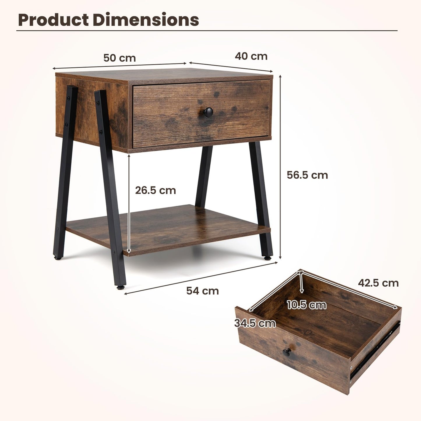 Bedside Table with Drawer, Industrial Nightstand End Sofa Side Table with Open Storage Shelf