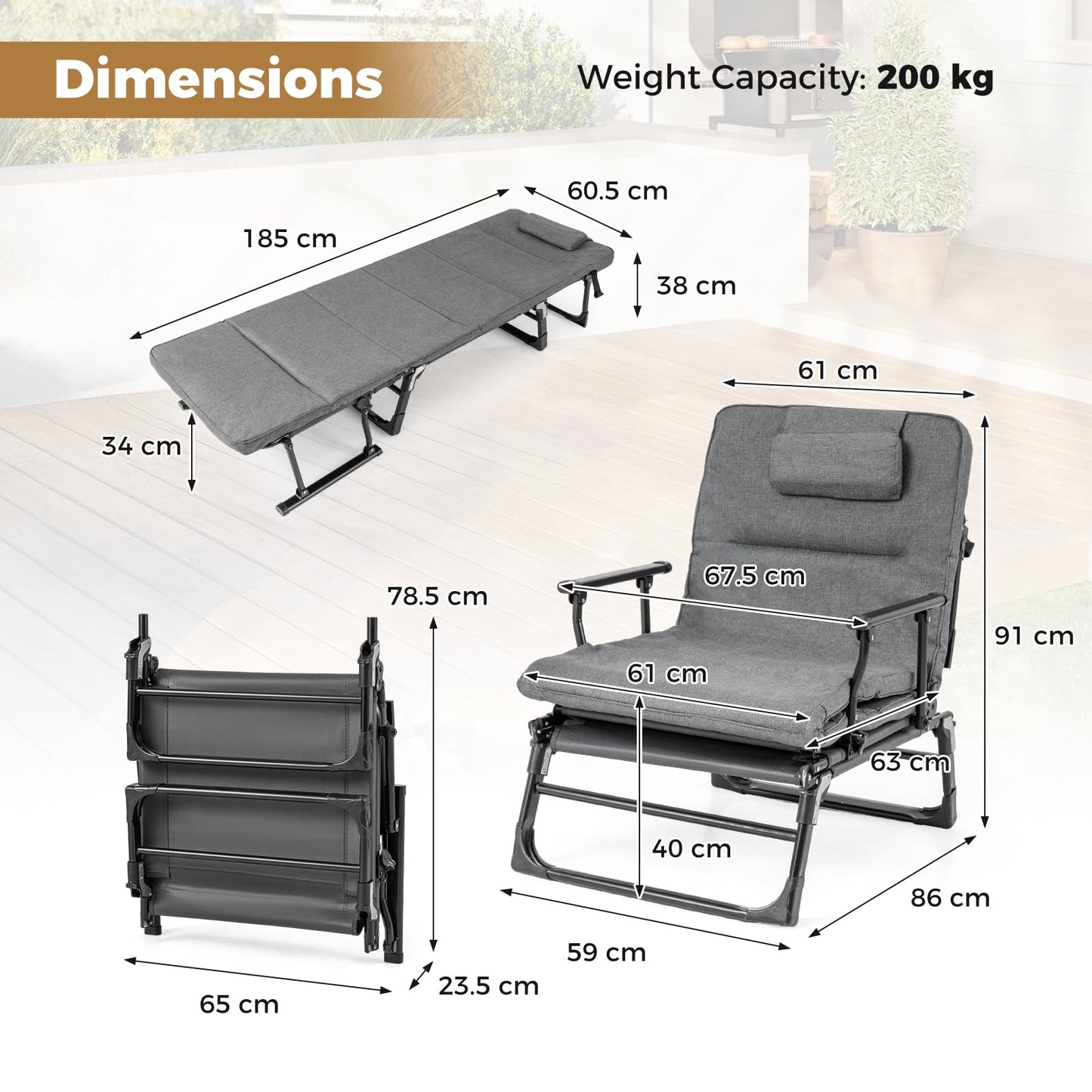 3-in-1 Folding Camping Cot with Removable Mattress and Flip-up Pillow