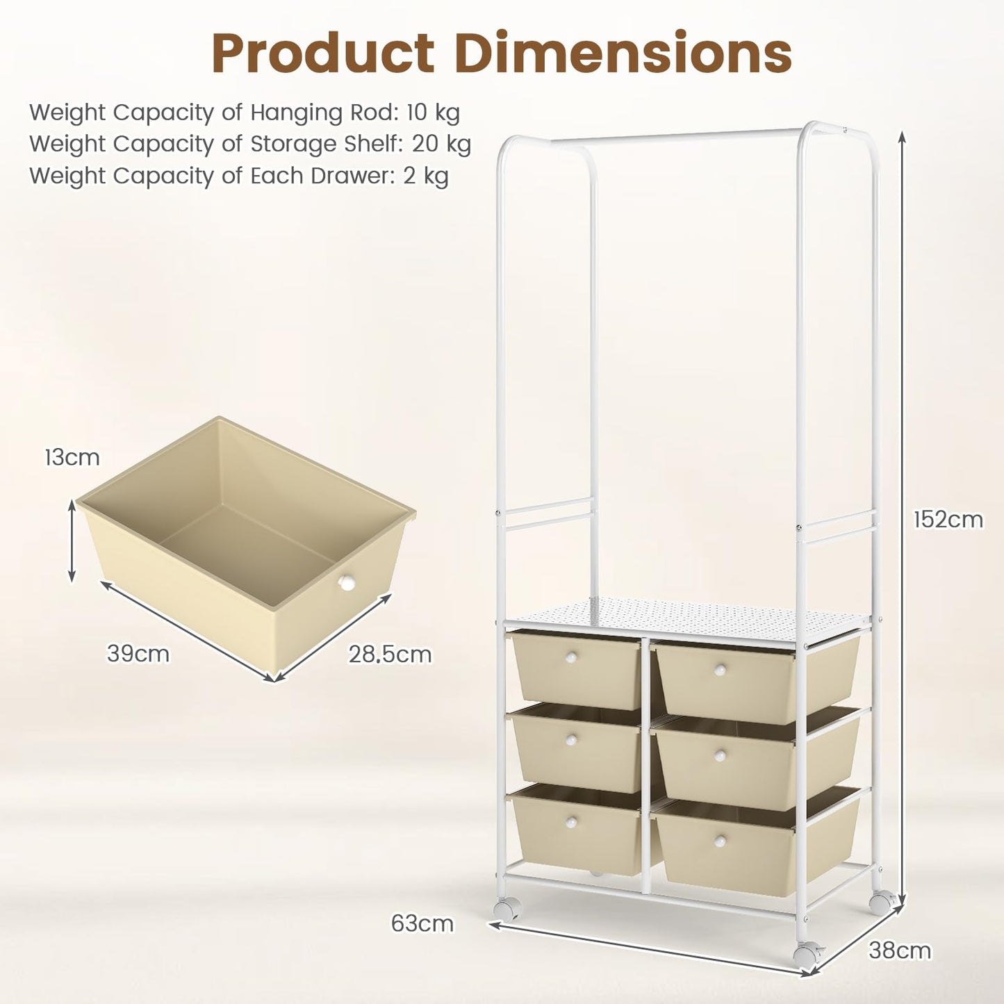 Clothes Rail on Wheels, Clothes Rack with 6 Drawers, Storage Shelf