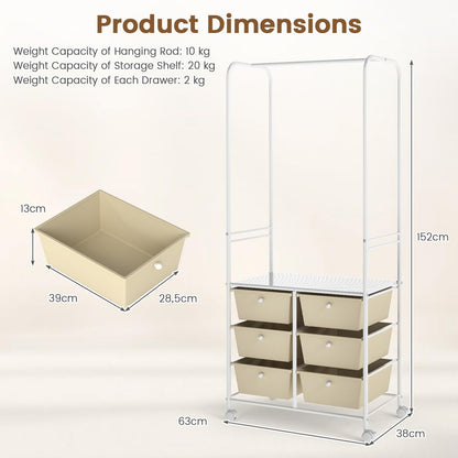 Clothes Rail on Wheels, Clothes Rack with 6 Drawers, Storage Shelf