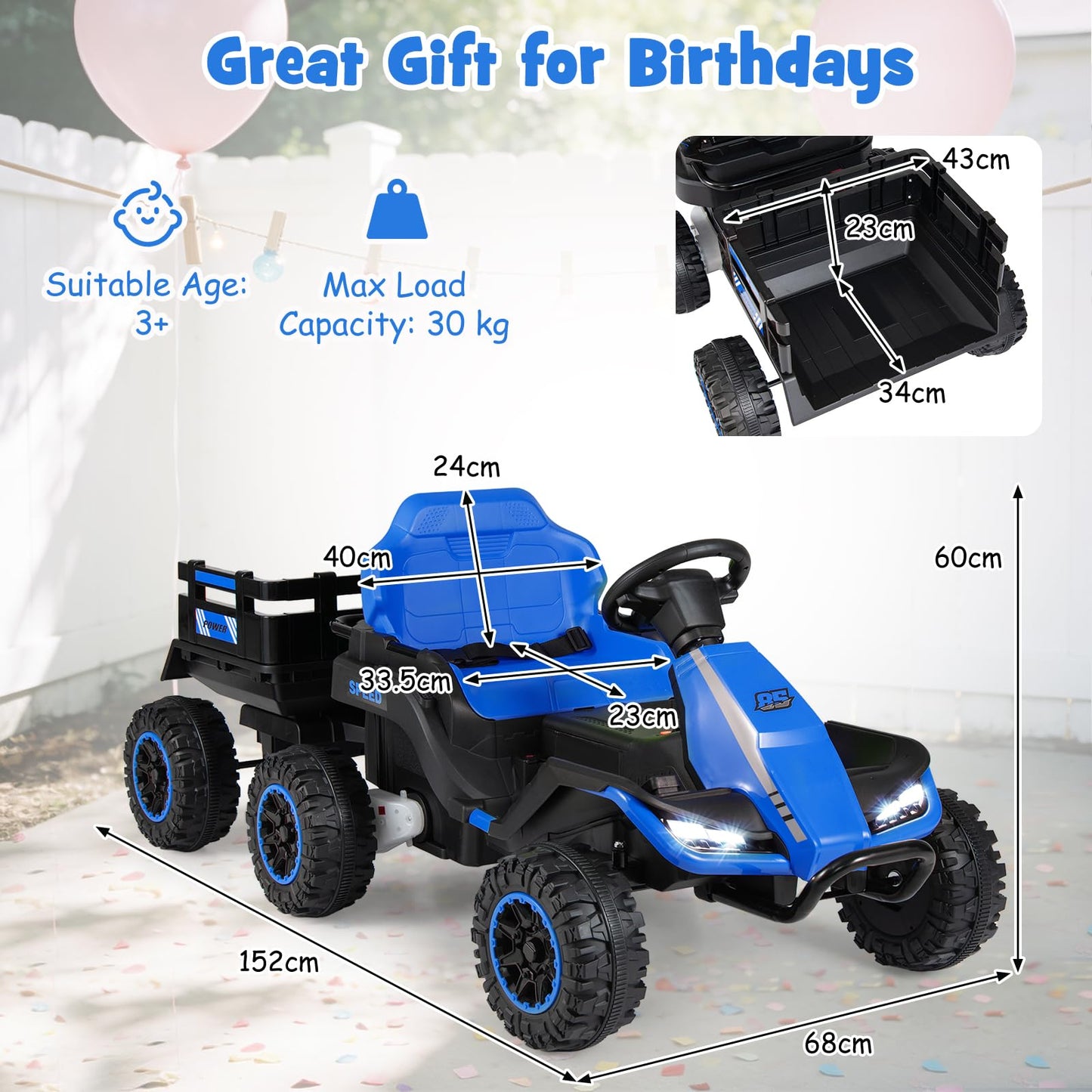 24V Ride on Tractor with Trailer, Kids Electric Car