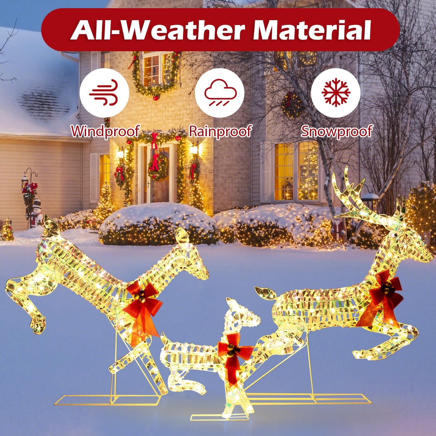 3-Piece Lighted Christmas Reindeer Family with LED Lights and Bows