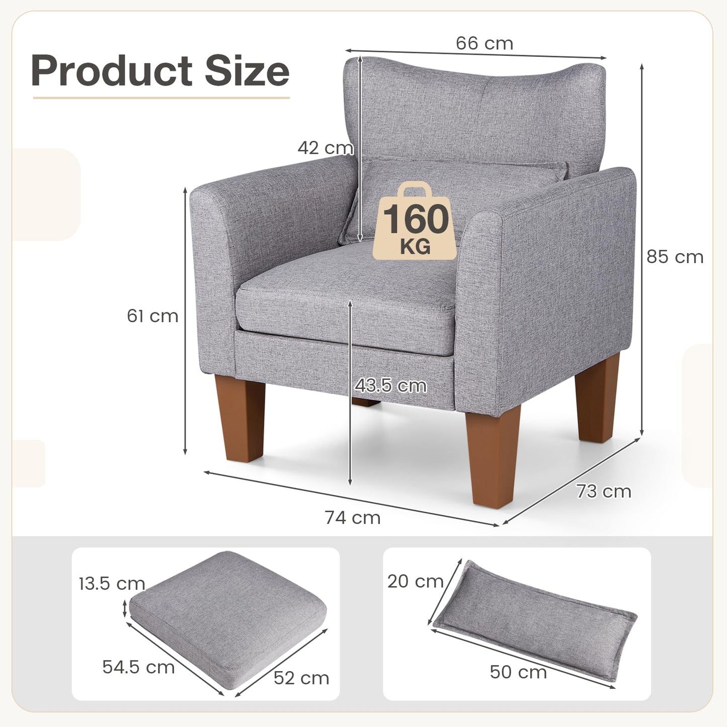 Wingback Armchair, Linen Fabric Accent Chair with Pillow